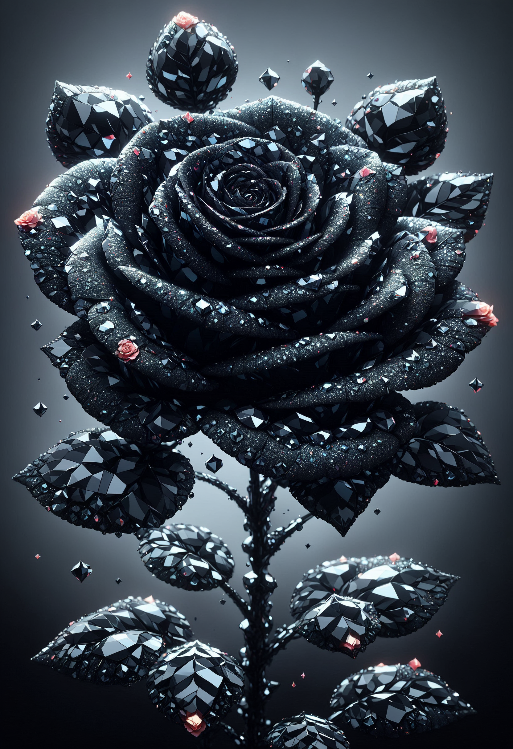 Techno Rose, Hurricane, digital art by Anna Dittmann, 60s Kitsch and Psychedelia, Indirect light, Autochrome, close-up, D&D, made out of black diamonds, <lora:PinkieBlckDmndsSDXL-v1:1>, p1nkblackd1am0nds,