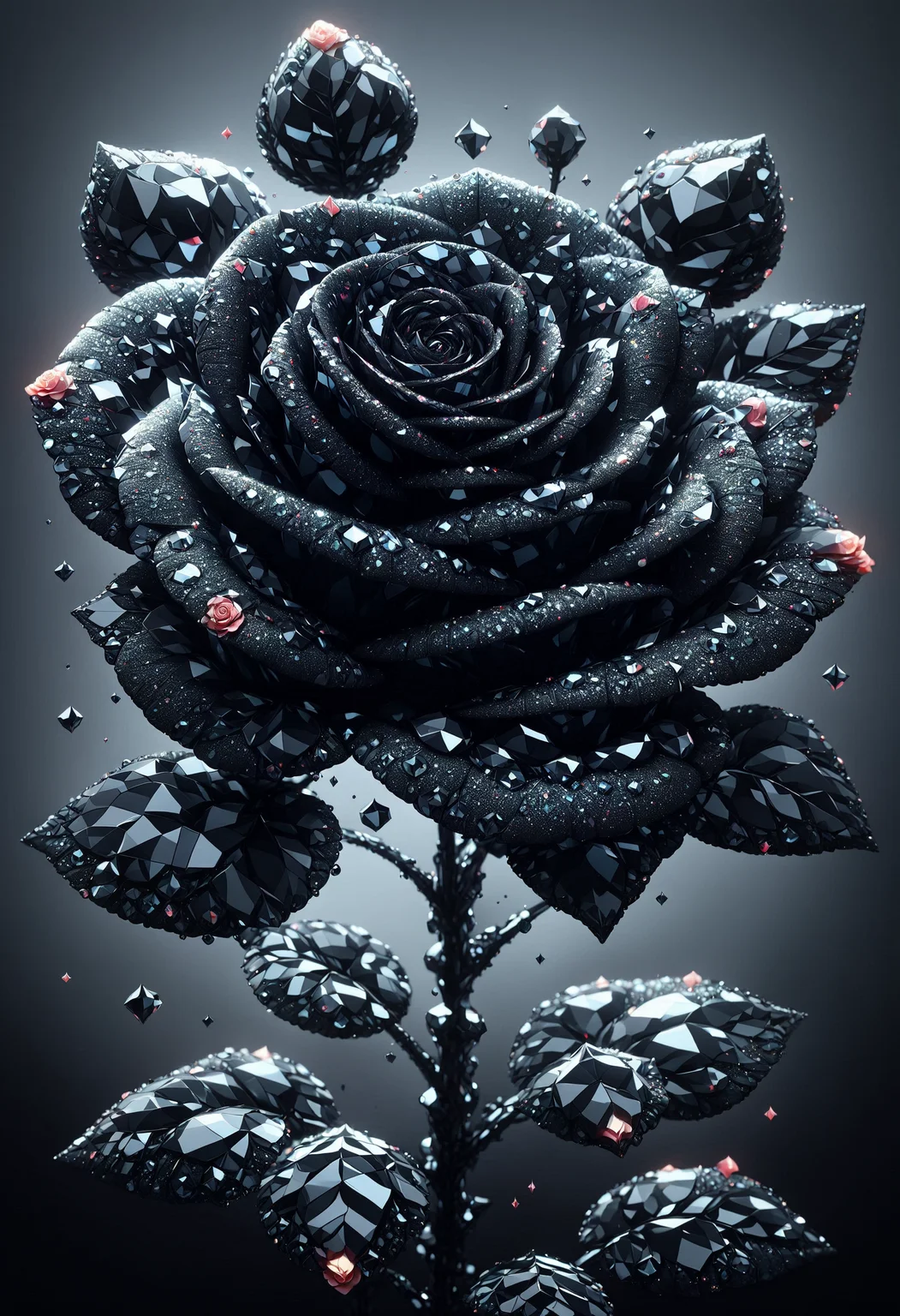 Techno Rose, Hurricane, digital art by Anna Dittmann, 60s Kitsch and Psychedelia, Indirect light, Autochrome, close-up, D&D, made out of black diamonds, <lora:PinkieBlckDmndsSDXL-v1:1>, p1nkblackd1am0nds,
