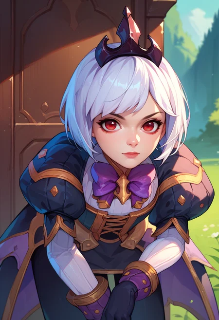score_9, score_8_up, score_7_up, 1girl, Orphea, tiara, white hair, short hair, red eyes, gown, puffy sleeves, leggings, black gloves, purple bow, bent over, front view, looking at viewer, outdoors, <lora:Orphea DORER:1>