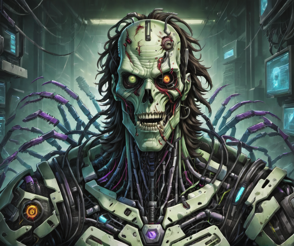 best quality,masterpiece,protrait of a cybermutant zombie man,cybernetic,undead,intricate detail,intricate linework,2d,<lora:XLFleshMonstrosityV2:1>