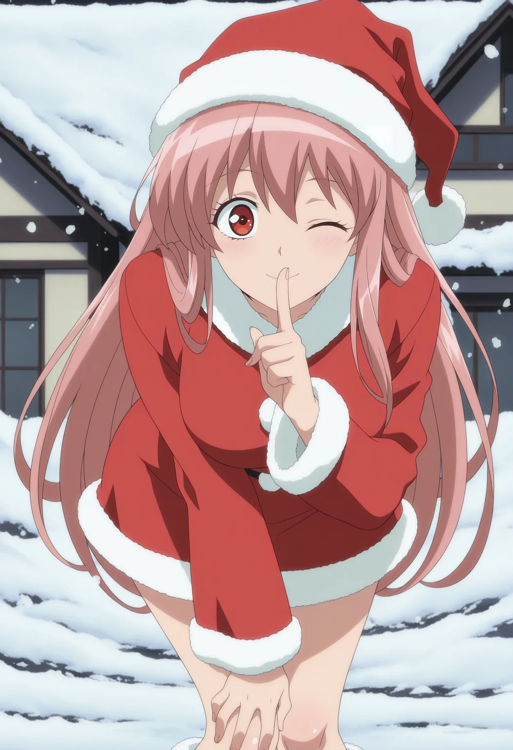 1girl,solo,mm,aged up,long hair,pink hair,red eyes,anime coloring,
santa costume, santa hat, shushing, one eye closed, light blush, snow,looking at viewer, leaning forward, hand on own knee,
,masterpiece,best quality,amazing quality,<lora:Mayura_Daidouji-Matantei_Loki_Ragnarok:0.8>