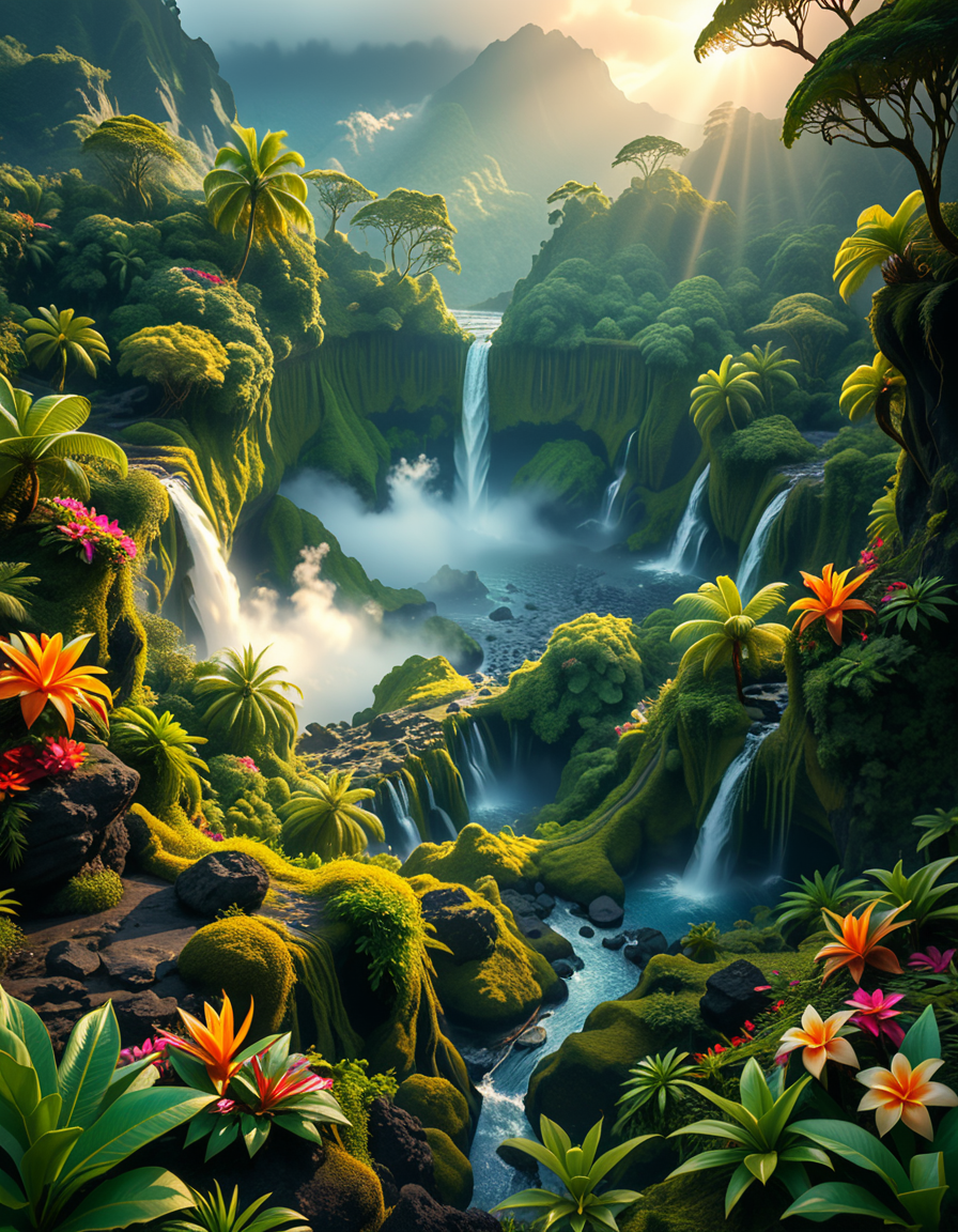 A breathtaking view of an ancient, dormant volcano now transformed into a lush, vibrant natural sanctuary. The crater is filled with dense tropical forests, colorful exotic flowers, cascading waterfalls, and mist swirling gently in the morning light. Vines and moss cover the dark volcanic rocks, and small streams wind down the slopes. while rays of sunlight pierce through the dense canopy, creating sparkling reflections on the water. The atmosphere feels peaceful, enchanted, and untouched by humans. The scene is depicted in an ultra-detailed, hyper-realistic style, with warm, soft lighting and rich, saturated colors that enhance the magical and serene mood of the landscape.
<lora:SDXLFaeTastic2400:0.4> <lora:extremely_detailed:0.4> extremely detailed, <lora:dormant_v0lc4n0:1>,dormant v0lc4n0, Masterpiece,best quality,hi res,8k,hi res,8k,award winning,(sharp focus, intricate, highly detailed),
