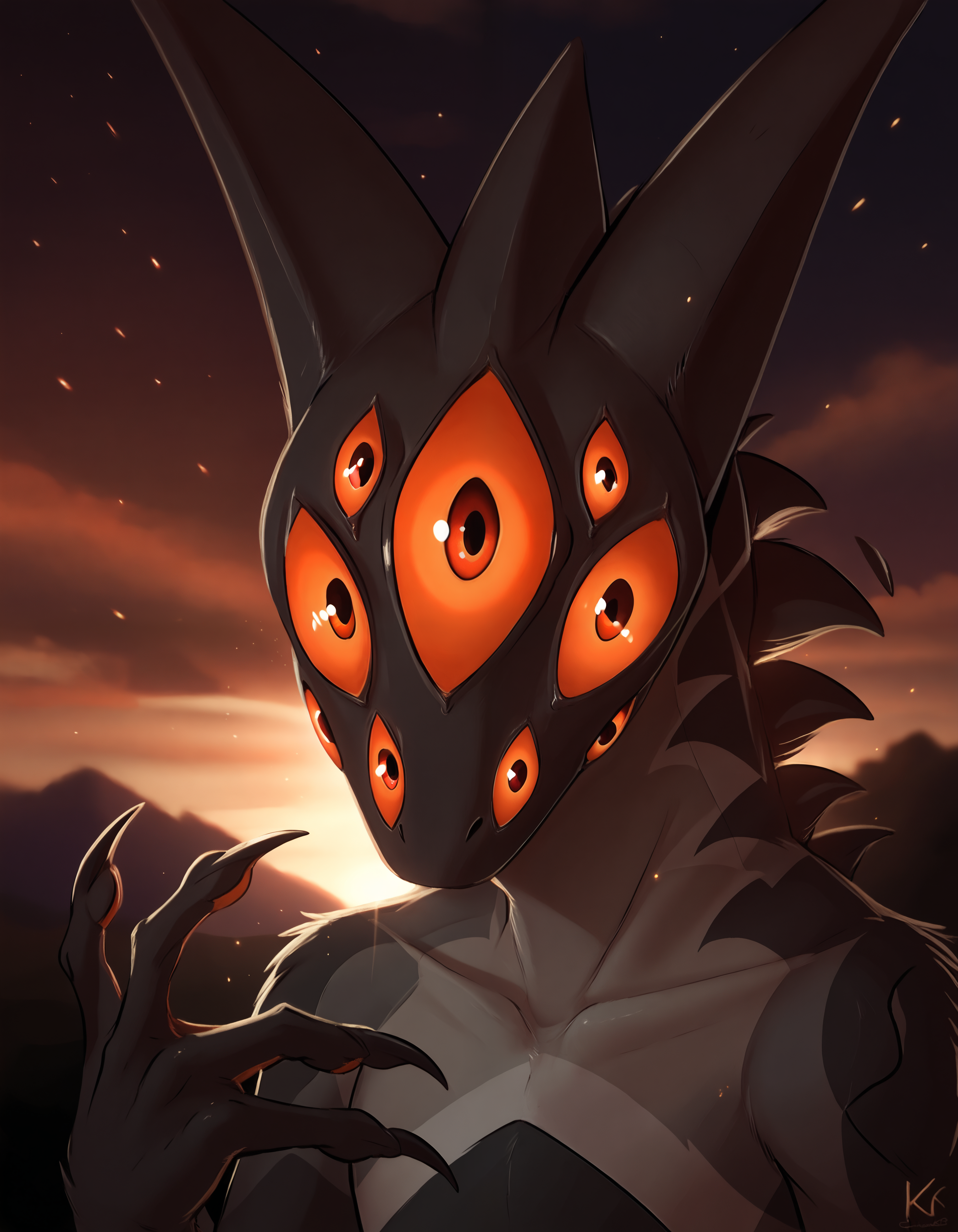 score_9, score_8_up, score_7_up BREAK rating_safe, source_furry, detailed, depth of field, detailed background, cinematic lighting, particles, decals, masterpiece, (best quality, high quality, 8K:1.5), <lora:sinfully_stylish_SDXL.safetensors:0.95>,  embedding:zPDXL3, anthro, <lora:add-detail-xl.safetensors:2.5>, <lora:Jerry_Creatures_Of_Sonaria.safetensors:0.95>, j3rry_cos, anthro, furry, 1boy, extra eyes, no humans, solo, claws, red eyes, smile, cute, looking at viewer, tail, two-tone body, black body, grey body, solo,  (close up, perspective, standing, sleepy, black background cloud sky spotlight starry:1.15)