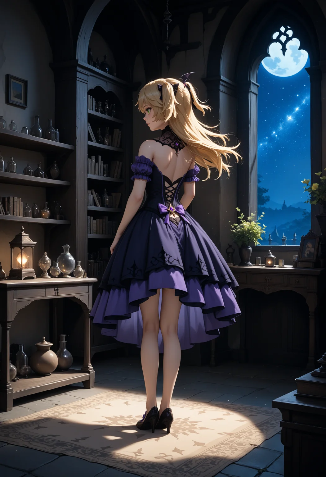 score_9, score_8_up, score_7_up, 1girl, highly detailed, fischl_(genshin_impact), genshin_impact, blonde_hair, green_eyes, rear view, knees apart feet together, volumetric light, starry night, clear sky, outdoors, hentai, 4lch3my_l4b.safetensors, <lora:4lch3my_l4b.safetensors:1.0>