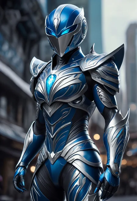 The Blue Power Ranger's helmet is dolphin-inspired with a dark visor and fin-like protrusions. The suit is deep ocean blue with silver accents, a stylized emblem on the chest, flexible arms, and wave-like patterns on the legs. Gloves are light blue with silver tips, and boots are sturdy. cyberpunk art style, Shounen Anime Style, cyberpunk alien city background, full--body, highly--detailed, bokeh--focus, soft Analogous colors, extremely wide-angle, FastNegativeV2, <lora:fightingpose:0.7> fighting pose
