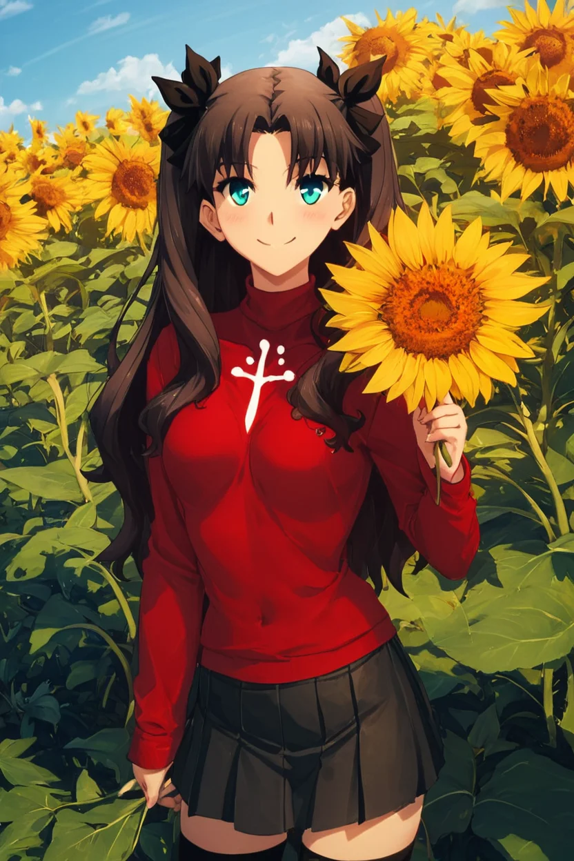 score_9, score_8_up, score_8, medium breasts, (curvy), cute, eyelashes, BREAK, , BREAK, <lora:rin-tohsaka-ubw-ponyxl-lora-nochekaiser:0.8>, rin tohsaka, aqua eyes, black hair, hair ribbon, long hair, ribbon, sidelocks, two side up, parted bangs, black skirt, black thighhighs, long sleeves, miniskirt, pleated skirt, red sweater, skirt, sweater, thighhighs, turtleneck,, zzSunflower, upper body, outdoors, hand up, portrait, one eye covered, yellow flower, holding flower, <lora:Sunflower_PDXL_v2:0.8>, , BREAK, smile, looking at viewer, cowboy shot, embedding:zPDXL, Expressiveh, <lora:SDXLFaeTastic2400:0.5>, <lora:Expressive_H-000001:0.4>,