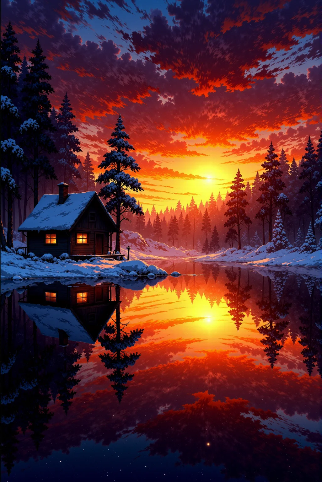 <lora:Anime_Sky:1.0> AnimeSky style. This is a vibrant digital painting with a serene, winter landscape. The scene captures a tranquil forest lake setting at dusk, with the sky ablaze in an array of vivid oranges, reds, and purples, indicating a spectacular sunset or sunrise. The sky is filled with dramatic, swirling clouds that create a sense of motion and depth. In the foreground, a serene, calm lake occupies the lower half of the image, reflecting the vibrant sky and the scene around it, doubling the intensity of the colors. The water's surface is glassy smooth, providing a perfect mirror image of the landscape. On the left side of the image, there is a small, rustic cabin with a snow-covered roof and walls. The cabin has a warm, inviting interior light visible through the windows, suggesting warmth and life amidst the cold surroundings. The cabin is situated on a small snow-covered island, with a few tall trees nearby providing a sense of scale and context.