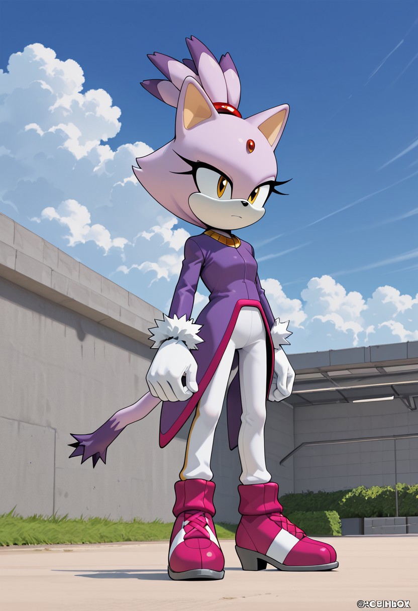 score_9, score_8_up, score_7_up, ASCII score_9, source_anime, 8K,best quality, hyper detailed,masterpiece, UHD,illustration, sky, blue sky,(Cover-style: 1.3), Detailed background, detailed background, outdoor, sky, cloud, wind, day, blaze the cat, 1outfit, 1girl, solo, gloves, forehead jewel, animal ears, cat ears, tail, cat tail, furry female, cat girl, furry,  fur trim, white gloves, purple coat, white pants, full body, closed mouth, pants, coat, standing, topknot, fur-trimmed footwear, fur-trimmed gloves, shoes, animal nose, short hair, 3d