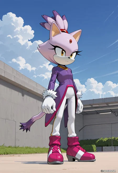 score_9, score_8_up, score_7_up, ASCII score_9, source_anime, 8K,best quality, hyper detailed,masterpiece, UHD,illustration, sky, blue sky,(Cover-style: 1.3), Detailed background, detailed background, outdoor, sky, cloud, wind, day, blaze the cat, 1outfit, 1girl, solo, gloves, forehead jewel, animal ears, cat ears, tail, cat tail, furry female, cat girl, furry, fur trim, white gloves, purple coat, white pants, full body, closed mouth, pants, coat, standing, topknot, fur-trimmed footwear, fur-trimmed gloves, shoes, animal nose, short hair, 3d