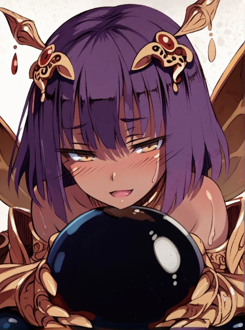 (expressive eyes), (Masterpiece), 1girl, (CG artstyle), Khepri, arthropod limbs, dark skin, gold, beetle wings, purple hair, head ornament, Slime ball, girl on slime, opaque slime, black slime, close up, (score_9, score_8_up, score_7_up), <lora:V5.1_retrain:1.0>