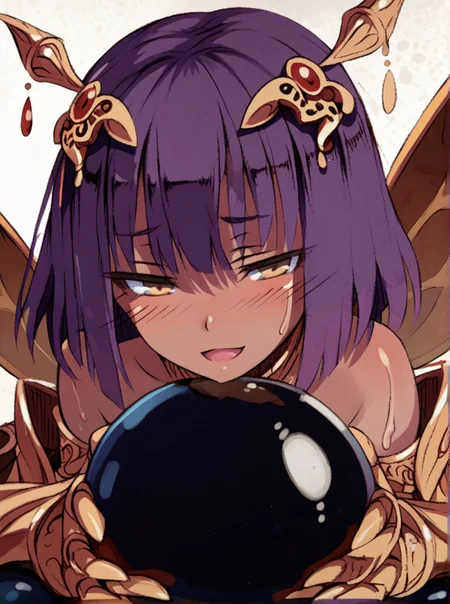 (expressive eyes), (Masterpiece), 1girl, (CG artstyle), Khepri, arthropod limbs, dark skin, gold, beetle wings, purple hair, head ornament, Slime ball, girl on slime, opaque slime, black slime, close up, (score_9, score_8_up, score_7_up), <lora:V5.1_retrain:1.0>