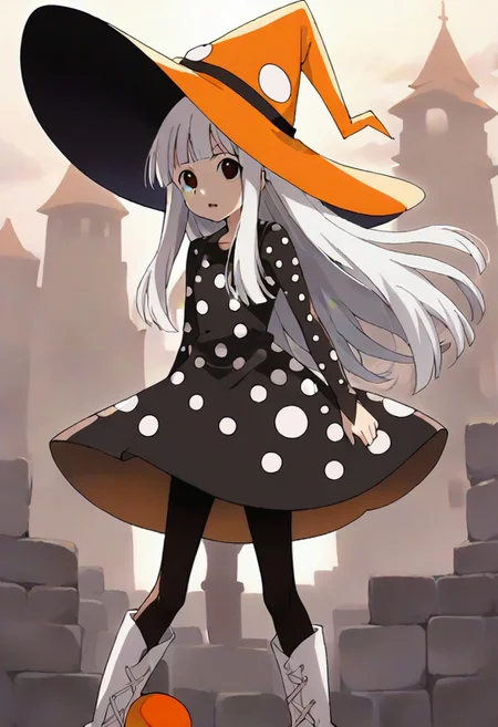 source_anime, anime, (vivid colors, bright colors:1.1),, adult, white hair,long hair,bangs,orange hat, thin hat, witch hat, black dress,black pantyhose,white boots,polka dots,polka dot dress, <lora:Eureka_Frog_v10:1>,