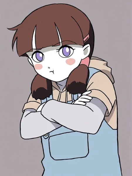 score_9, score_8_up, score_7_up, score_6, source_anime, 1girl, <lora:BigO_PDXLv1c Tami:1> tami_(the_big_o),pale skin, brown hair, blush stickers, purple eyes, twintails, hairclip, red white footwear, blue overalls, tan hoodie, gray long sleeves, 1990s \(style\), upper body, pout, :t, closed mouth, <lora:Pout_XLPD:0.9>, closed eyes, crossed arms,