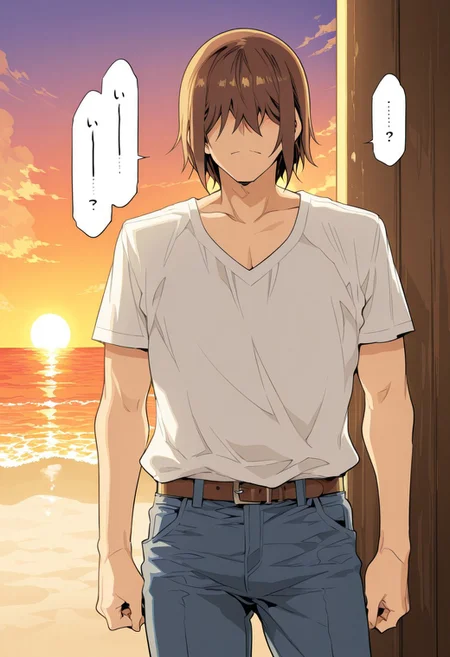 score_9, score_8_up, score_7_up, score_6_up, source_anime, BREAK, 1man, solo, (( <lora:hentai_mc:1> , hentai_mc, faceless, shaded face, toned body, manly, strong male, alfa male, short brown hair, hair over eyes, charismatic male, )) , hentai_mc a man wears a buttondown shirt and jeans. He poses on the beach at sunset.