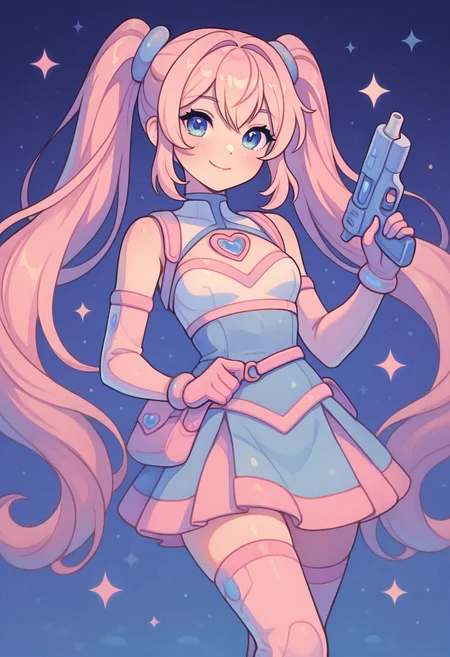 masterpiece, best quality, k4w4iim1r41, gun, looking at viewer, smile, <lora:KawaiiMirai_IXL:1.0>,