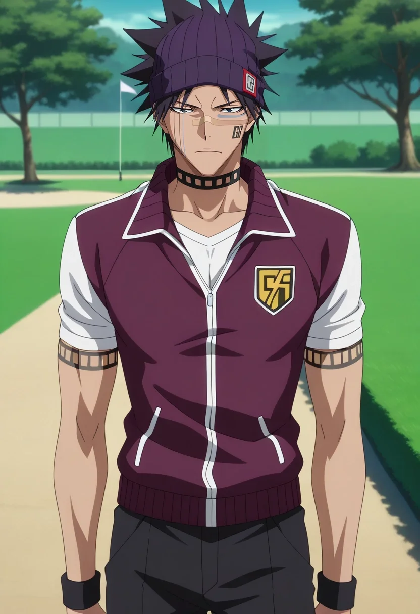 masterpiece, best quality, , anime screencap, anime coloring, official style, , 1boy, solo, male focus, <lora:shuuhei_hisagi_ilxl:0.96>, shuuhei_hisagi, black hair, black eyes, short hair, spiked hair, tattoo, facial mark, bandaid on nose, scar on face, , choker, , Golf pants, Geometric Cashmere Dark purple Varsity jacket, , Beanie,