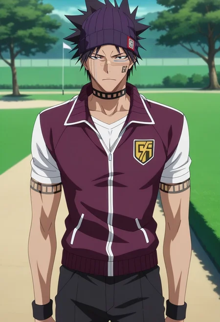 masterpiece, best quality, , anime screencap, anime coloring, official style, , 1boy, solo, male focus, <lora:shuuhei_hisagi_ilxl:0.96>, shuuhei_hisagi, black hair, black eyes, short hair, spiked hair, tattoo, facial mark, bandaid on nose, scar on face, , choker, , Golf pants, Geometric Cashmere Dark purple Varsity jacket, , Beanie,