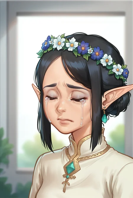 score_9,score_8_up,score_7_up,score_6_up,score_5_up,score_4_up 1girl,solo,black hair,hair ornament,jewelry,closed mouth,closed eyes,upper body,braid,flower,earrings,pointy ears,tears,hair bun,blurry,makeup,blurry background,single hair bun,crying,elf,portrait,head wreath <lora:SummertimeSagaXL_Pony:0.8> Drawn in the style of summertime saga