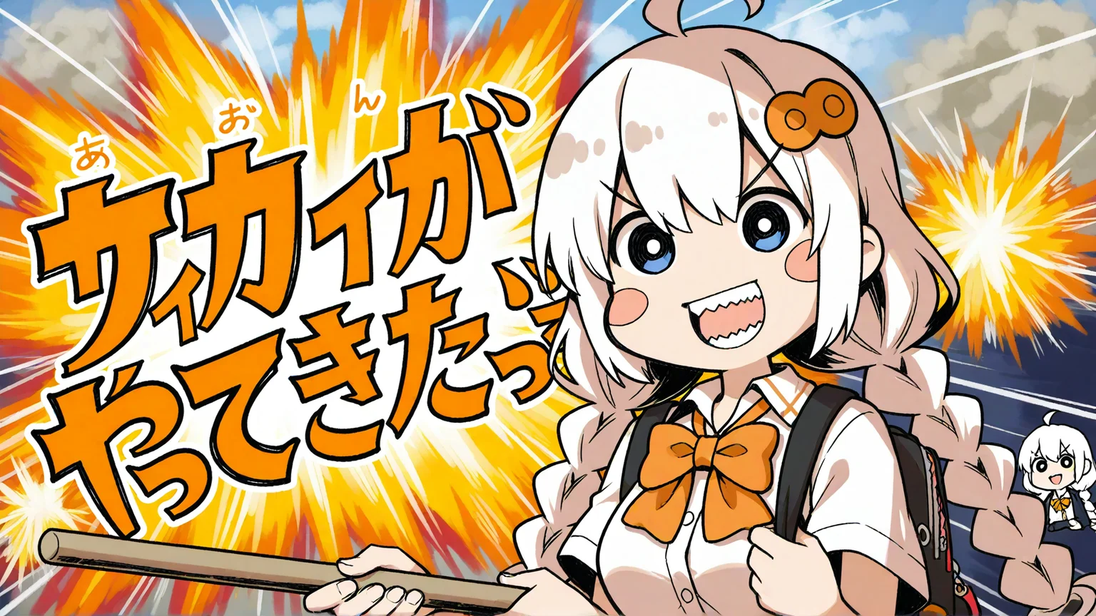 1girl, kizuna akari, 
very awa, shirt, twin braids, backpack, orange bowtie, yatte kitazo, explosion, bright pupils, open mouth, sharp teeth, smile, blush stickers, holding, v-shaped eyebrows, solo focus, white shirt, teeth, bag, holding strap, bow, ahoge, school uniform, :d, orange bow, braid, upper body, bowtie, looking at viewer, short sleeves,
masterpiece, best quality, newest, highres, absurdres
 <lora:NoobV065sHyperDmd:1> <lora:Akari_Ga_Yatte_Kitazo_IXL20:1>