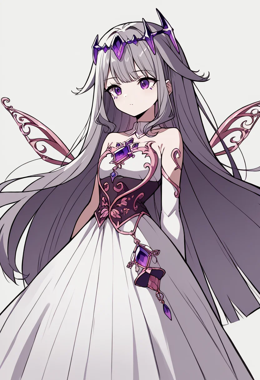 score_9, score_8_up, source_anime, 1girl, solo, BijouBase, long hair, hair flaps, purple gemstones, floating headpiece, detached collar, white dress, medium dress, strapless, black corset, waist cape, coattails, single detached sleeve, white sleeves, arm garter, armlet, detached wings, blur, sketch, simple background, line art, flat color, limited palette, muted color, spot color, greyscale, <lora:Traditional_art_v4_USENEG:-1>, <lora:ChamKosekiBijouPonyXL:1>