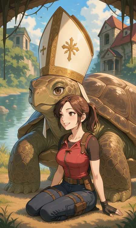 embedding:IllusP0s, turtle pope, claire redfield_\(resident evil\), 1girl, sitting, outdoors, smile,<lora:turtle_pope_r1.safetensors:1.0:1.0>