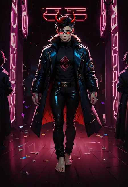 ((score_9, score_8_up, score_7_up,score_9, score_8_up, score_7_up)), (Masculine, Light/tan skin, Toned and 6'5 feet tall:1.4), 24 years old, Handsome face, somber face, perfect face, (((Black hair with neon red highlights))), ((Glowing neon Gold irises)), (Neon Red pupils), (White Sclera), shiny skin, Curley short haircut, ((2 spiral red horns)), (((Demon))), (Large muscle build), gages in ears, Neon tattoos on arms, wild hair, toned hips, ((fit look, large intelligent glasses)), ((Long Blue leather coat, dragon scale coat, black vest, black shirt, black pants)), shiny skin, living room , warm lighting, (no nsfw), lavish bar, stools, alcohol, crowd
