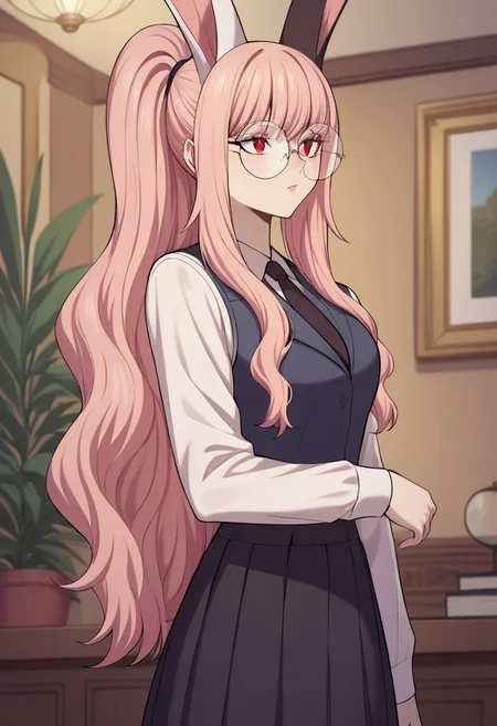 score_9,score_8_up,score_7_up,score_6_up,blurry, blurry background,11girl,solo,serena,rabbit girl,pink hair,long hair,bangs,ponytail,sidelocks,red eyes,animal ears,rabbit ears,one black ear,one white ear,shirt,collared shirt,white shirt,long sleeves,black vest,skirt,black skirt,round eyewear,black necktie,glasses,posing,volumetric light,indoors,living room,cowboy shot, dutch angle