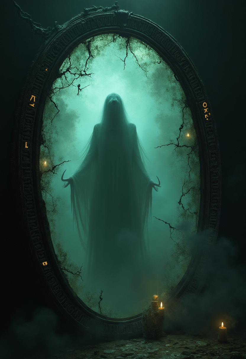 A ghostly silhouette known as the "Echo of the Mandrake" emerging from the cracks of an enchanted mirror. The figure is eerie and ethereal, with mist swirling around its form. The mirror is ancient, with glowing runes along its frame, and the cracks pulse with a soft, magical light. The atmosphere is mystical and haunting, with a dim, enchanted glow filling the scene.
