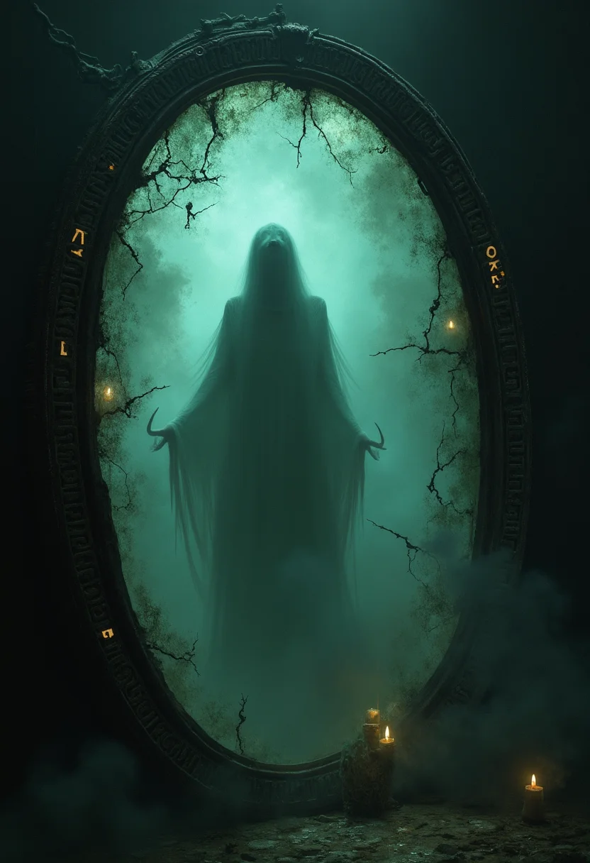 A ghostly silhouette known as the "Echo of the Mandrake" emerging from the cracks of an enchanted mirror. The figure is eerie and ethereal, with mist swirling around its form. The mirror is ancient, with glowing runes along its frame, and the cracks pulse with a soft, magical light. The atmosphere is mystical and haunting, with a dim, enchanted glow filling the scene.