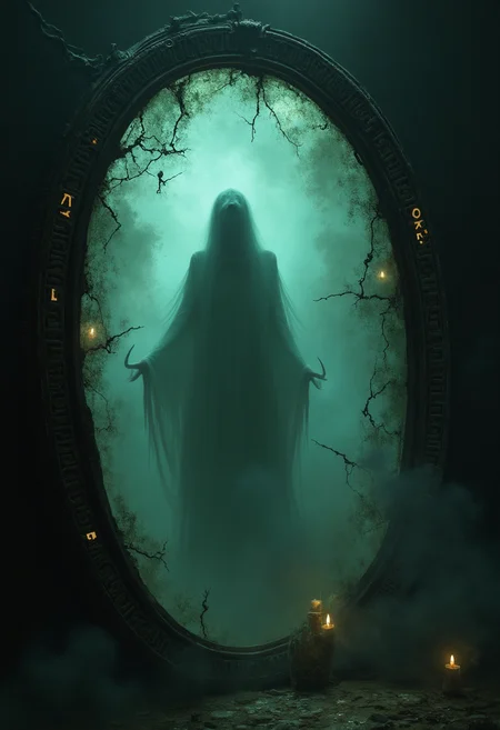 A ghostly silhouette known as the "Echo of the Mandrake" emerging from the cracks of an enchanted mirror. The figure is eerie and ethereal, with mist swirling around its form. The mirror is ancient, with glowing runes along its frame, and the cracks pulse with a soft, magical light. The atmosphere is mystical and haunting, with a dim, enchanted glow filling the scene.