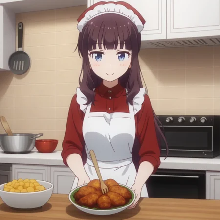 hifumi takimoto, solo, 1girl, apron, cooking, kitchen, (smiling:0.5),,
(a delicious pot of beef and potato stew),
looking at viewer,, 2D, anime style, anime coloring,,masterpiece, best quality, absurdres, very aesthetic