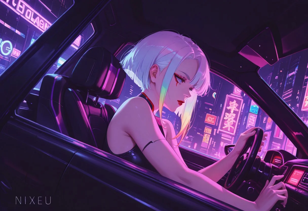 lucy \(cyberpunk\),cyberpunk \(series\),1girl, 69yotte4_illu,nixeu,yao liao wang,rei \(sanbonzakura\), red lips,blue eyes,multicolored eyes,short hair,multicolored hair,white hair,parted bangs,medium breasts,bare shoulders,eyeliner,red eyeliner,cyborg, BREAK smoking,driving,sitting, cyberpunk,car window,car,neon lights,speed lines, from side,dutch angle,perspective, chiaroscuro, ,masterpiece,best quality,amazing quality, <lora:PHM_style_IL_V2:0.9>