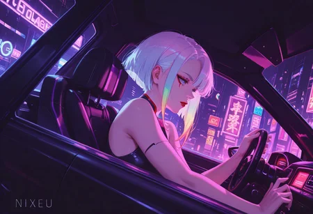lucy \(cyberpunk\),cyberpunk \(series\),1girl, 69yotte4_illu,nixeu,yao liao wang,rei \(sanbonzakura\), red lips,blue eyes,multicolored eyes,short hair,multicolored hair,white hair,parted bangs,medium breasts,bare shoulders,eyeliner,red eyeliner,cyborg, BREAK smoking,driving,sitting, cyberpunk,car window,car,neon lights,speed lines, from side,dutch angle,perspective, chiaroscuro, ,masterpiece,best quality,amazing quality, <lora:PHM_style_IL_V2:0.9>