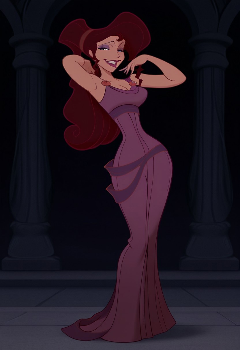 1girl, masterpiece, best quality, amazing quality, absurdres, <lora:Megara__Illustrious:1> m3g4r4, megara (hercules disney), long hair, tied hair, brown hair, purple eyes, purple Greek dress, cleavage, sexy makeup, lipstick, smiling, full body, flirtatious, seductive,