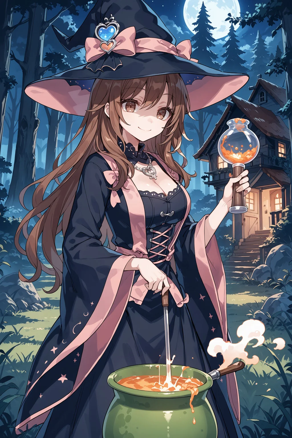score_max, (score_9, score_8_up, score_7_up:1.0), score_6_up, official art,
, masterpiece, absurdres, high detail, 8k,
night, forest, witch's house, grass, witch's cauldron, huge object, upper body,
standing, cooking, holding rod, holding flask, shaded face, smile, poison fog,
ranan, brown hair, brown eyes, long hair, witch, witch hat, black dress, cleavage cutout, wide sleeves, necklace,
<lora:XL_Pony_gomaotsu-ranun-t1:0.9>