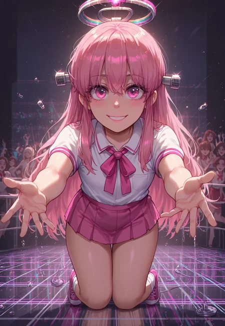 score_9, score_8_up, score_7_up, score_6_up, rave, dance floor, disco, POV, ppka, glitch, lens focus, 2d, 1girl, glitch, solo, smile, giffany, pink eyes, pink hair, gravity falls, hairpieces, schoolgirl uniform, rainbow hairpieces, long hair, spitting to viewer,incoming kiss, arms reaching out, hair between eyes, dark halo, wide hips, thick thighs, slim, pixel, commodore, glitch, Speed line,dynamic