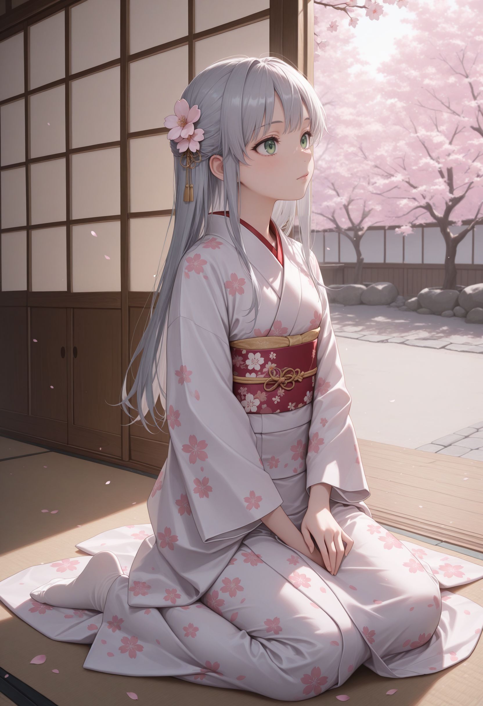 masterpiece,best quality,absurdres,highres,very aesthetic,high quality,detailed,insanely detailed,beautiful,  solo
 <lora:Index illu:1> 1girl, , green eyes, long hair, grey hair, outdoors,cherry blossoms,standing,cowboy shot, , indoors, kimono, hair flower, floral print, wariza, kneeling,
