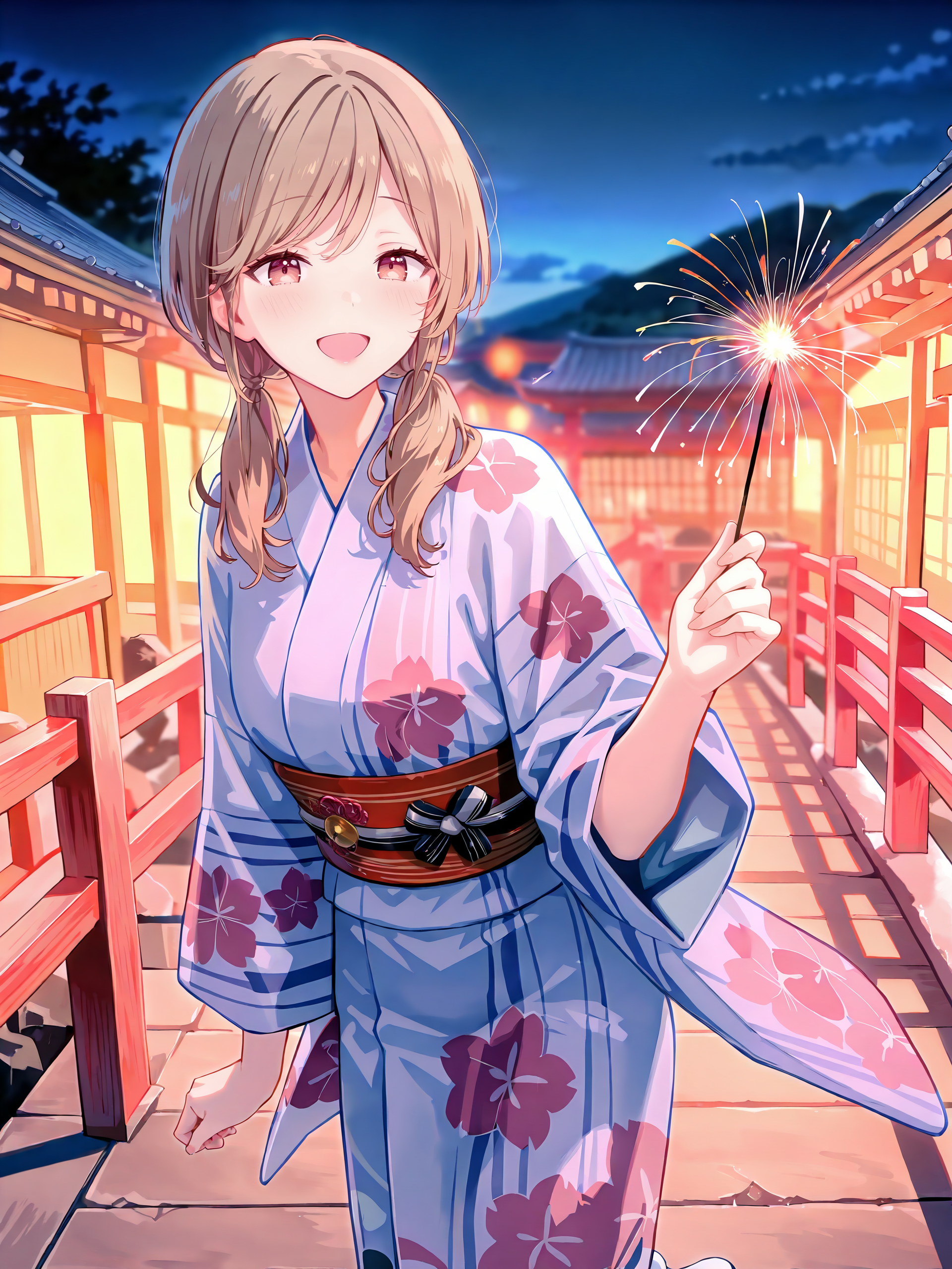 1girl, sena ajisai, solo, kimono, low twintails, obi, sash, tabi, standing, cowboy shot, holding fireworks, smile, open mouth, night, outdoors, blurry background , <lora:Char-Sena_Ajisai-V1-IL:0.9>
masterpiece, best quality, amazing quality, very aesthetic, absurdres, (ask \(askzy\), hiten \(hitenkei\):0.7), perfect features, intricate details, ray tracing, <lora:XL-detailed_notrigger:1:hr=0.5>