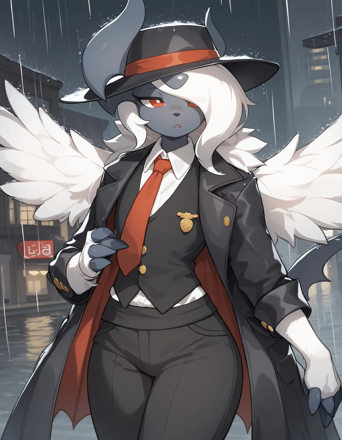 score_9, score_8_up, score_7_up, Megabsol, blue skin, white fur, red eyes, wings, pokemon \(creature\), (solo), 1girl, femboy, girly, anthro, (rain, raining), city centre, fedora, mafia, necktie, long pants, looking away, vest, coat, half-closed eyes, confident, serious, <lora:cefaa866-a58e-40ba-a219-79ab392f7d60:0.9>, <lora:6bddb469-73de-4c77-8d49-6e764195ef35:0.9>