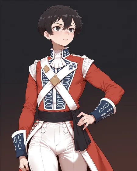 IllustriousQual_1017896, detailed face, detailed body,  linear hatching, OCDamien, 1boy, solo, otoko no ko, toned, nose shade, black hair, black eyes, very short hair, pixie cut, hair between eyes, redcoat, napoleonera, white pants, epaulettes, bicorne,saber, determined, portrait, looking afar, facing viewer, gradient background, background, dark background, <lora:StS-Illustrious-Detail-Slider-v1.0:5><lora:hand 5.5_903007:0.9> <lora:OC_Damien_1232757:1><lora:StS_Age_Slider_Illustrious_v1:3><lora:il_brightness_slider_d1_1133126:0><lora:Muscle slider 3_last:2><lora:PP slider_last:-1> <lora:redcoat uniform-v3IL:1>