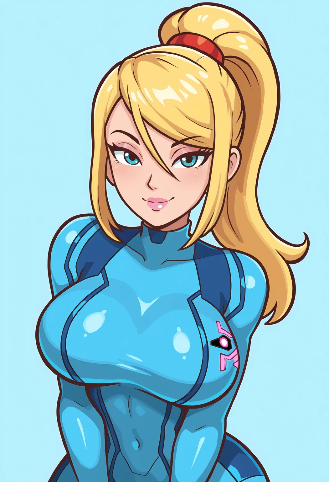 masterpiece, best quality, amazing quality, very aesthetic, absurdres, newest,1girl, <lora:SuperPrincessPeachF:0.7> sppeach, smile, solo, samus aran,
light blue background,
