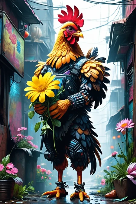 Detailed digital illustration of an anthro Chicken (Holding a flower delicately) at a Cyberpunk slum with flickering electronic signs, <lora:xl_more_art-full_v1:0.5>,  <lora:anthro_muscular:0.7>,  <lora:MJ52:0.6>, <lora:madpunk:0.4> madpunk