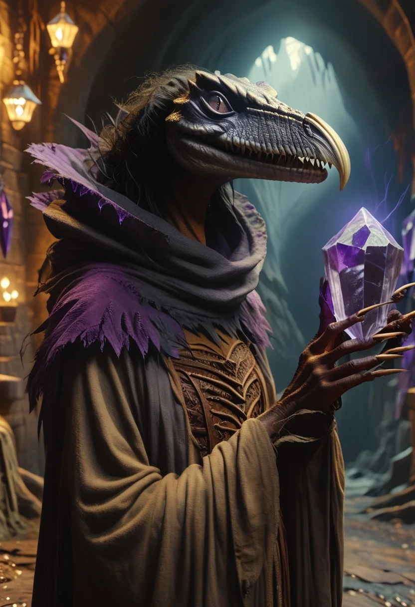 score_9, score_8_up, score_7_up, skeksis, solo, hunchback, claws, no humans, robe, dark body, dark skin, realistic lighting, photo, photorealistic, dark dungeon, upper body, confused expression, (holding purple crystal), laughing hysterically