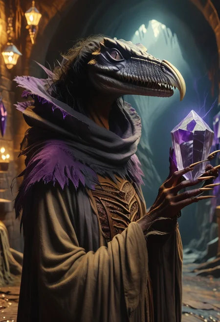 score_9, score_8_up, score_7_up, skeksis, solo, hunchback, claws, no humans, robe, dark body, dark skin, realistic lighting, photo, photorealistic, dark dungeon, upper body, confused expression, (holding purple crystal), laughing hysterically