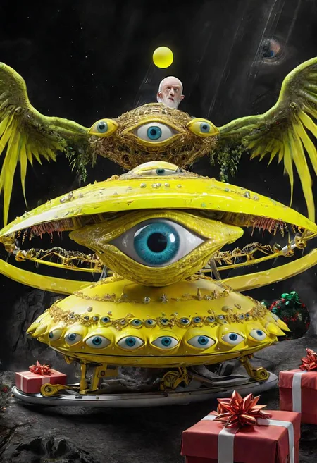 seraphins, mystical creature with hundreds of eyes and wings, roswell alien with yellow christmas hat, delivering presents with santa riding a ufo sleigh, intricate complexity, surreal horror, inverted neon yellow drip paint, photoreal