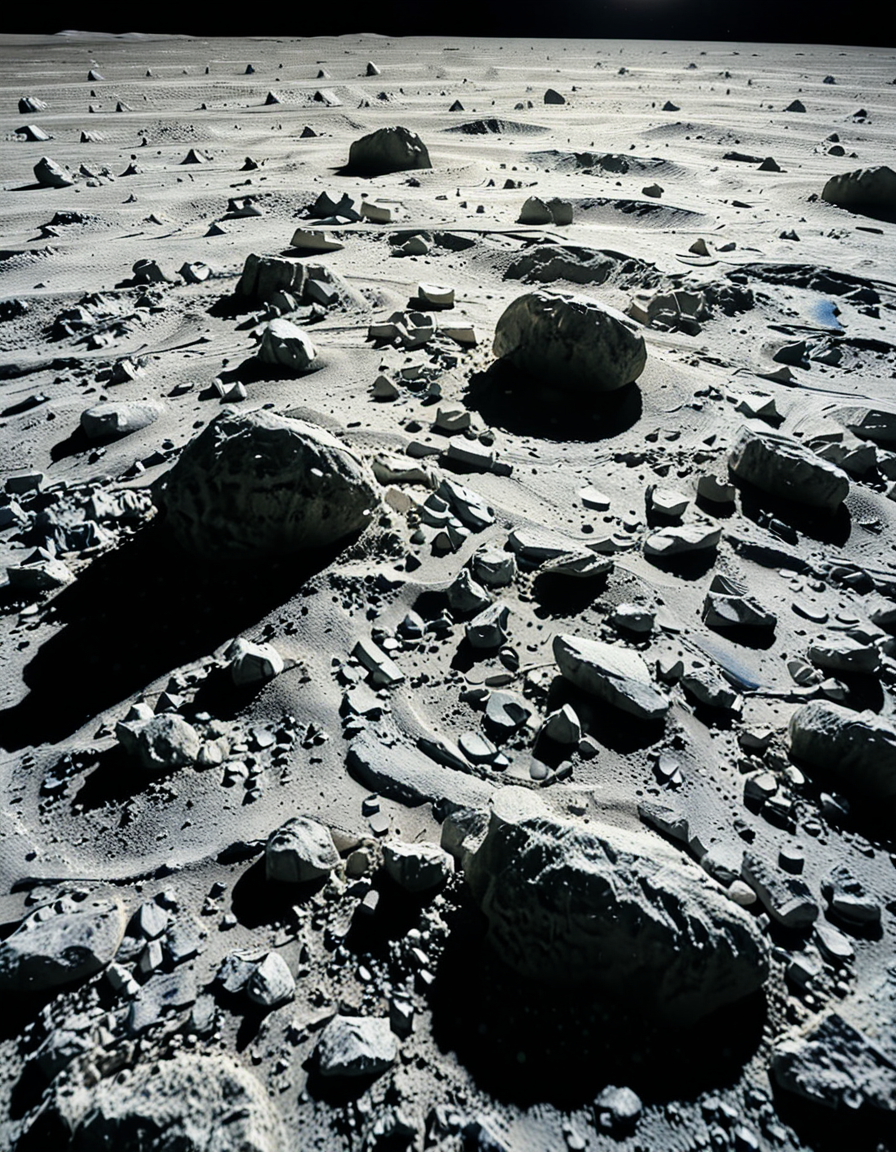 A high-resolution photograph of the Moon's surface, showcasing its rocky, cratered terrain with fine lunar dust. The foreground is dominated by detailed lunar regolith, with small rocks and uneven textures illuminated by the harsh, direct sunlight. Shadows are sharp and deep due to the lack of atmosphere. In the background, Earth appears as a vibrant blue and white sphere, partially illuminated, contrasting against the blackness of space. The composition is balanced, with Earth positioned slightly off-center to create a sense of depth and scale. The lighting is natural, with the Sun casting a bright glow on the lunar surface while leaving some areas in darkness, emphasizing the stark and desolate beauty of the Moon.
<lora:SDXLFaeTastic2400:0.4> <lora:extremely_detailed:0.4> extremely detailed, <lora:moon_surf4c3_v2:1>,moon surf4c3, Masterpiece,best quality,hi res,8k,hi res,8k,award winning,(sharp focus, intricate, highly detailed),