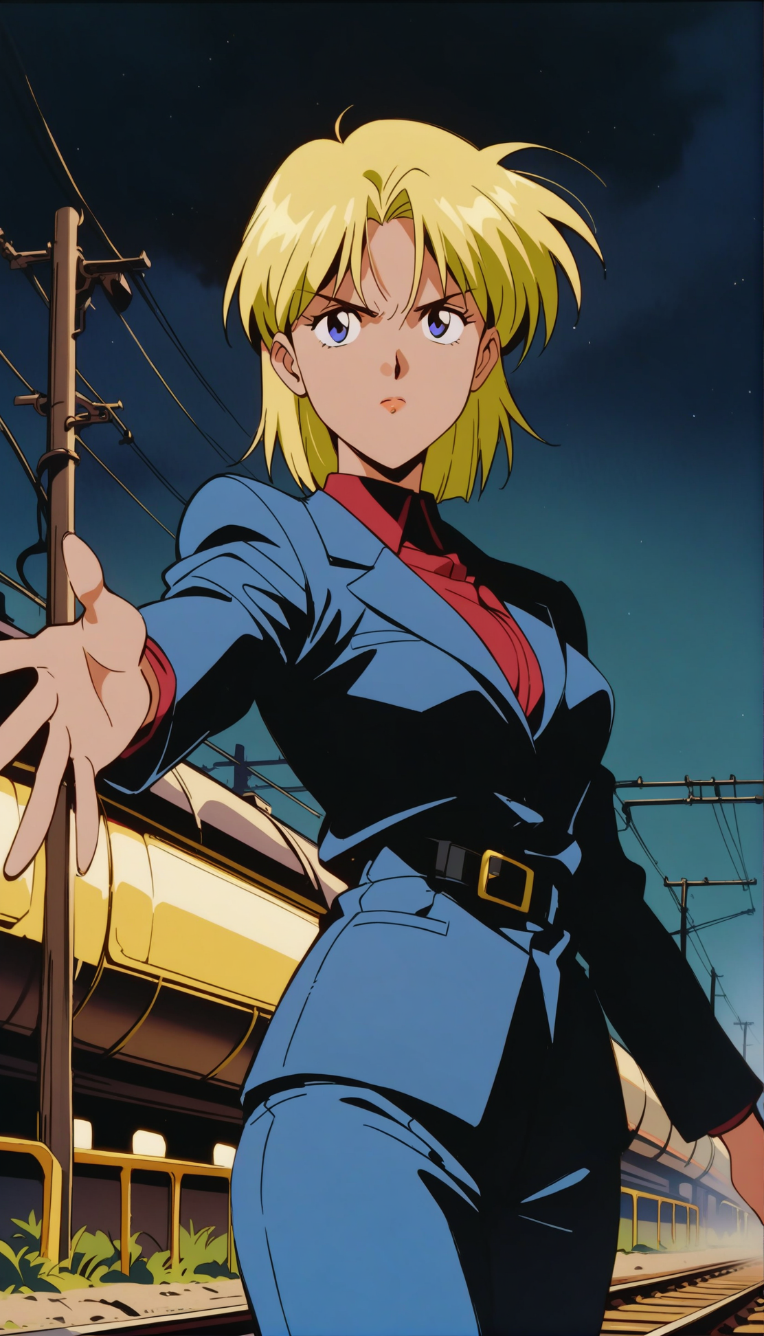 masterpiece,best quality,very aesthetic,absurdres,1990s \(style\),Electra XL,1girl,solo,business_suit,blonde hair,short hair,blue eyes,<lora:Electra XL:0.9>,cowboy shot,railroad,serious,night,outstretched_arm,