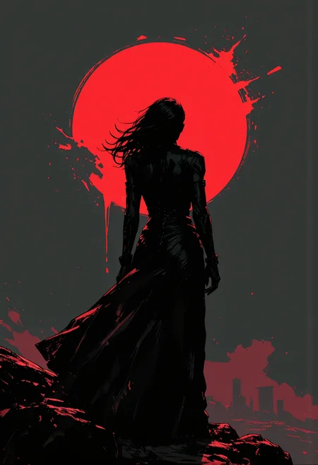 ArcaneFGTNRhigh A surreal and captivating artwork of Dark and enigmatic woman with flowing black hair and a long black dress, standing against a striking red sun backdrop with a dripping paint effect, silhouetted city skyline in the distance, minimalistic yet dramatic composition, moody and cinematic atmosphere