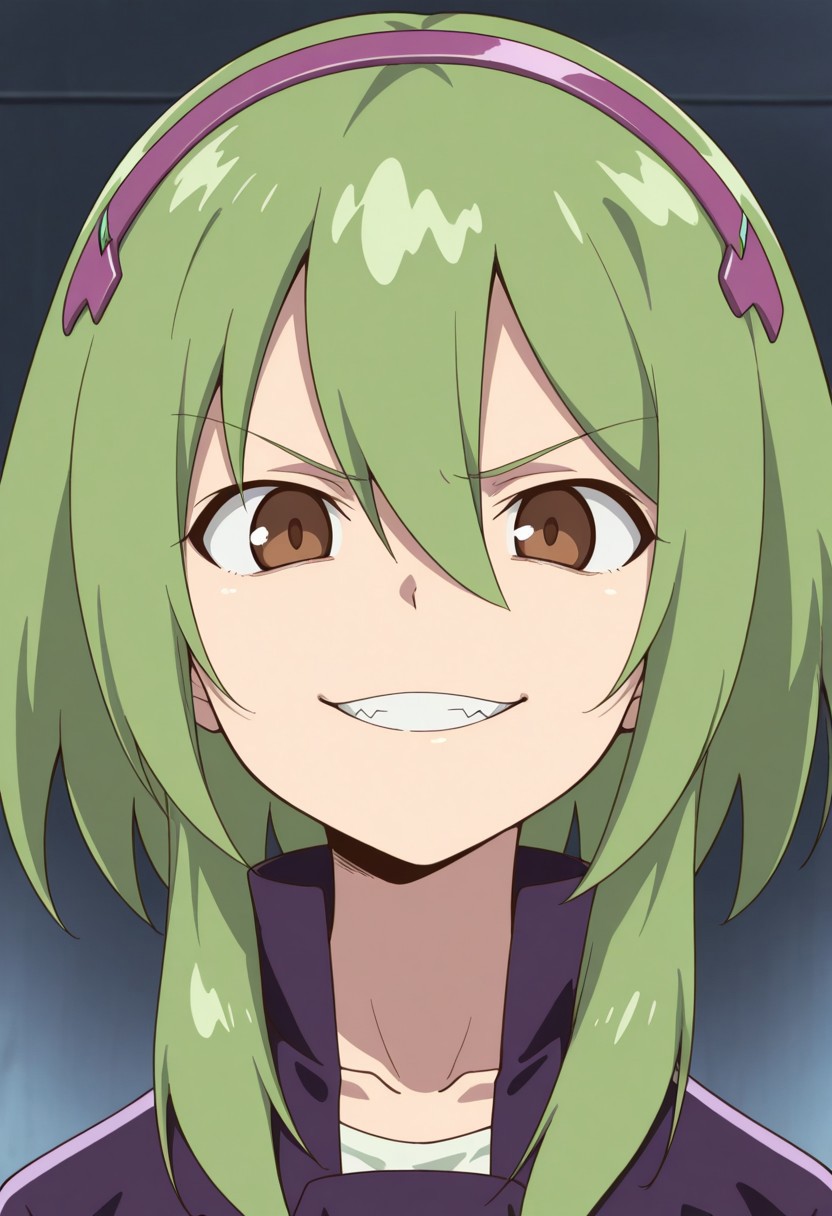 masterpiece,best quality,amazing quality, source_anime, 
FutabaTsukasa, 1boy, male focus, solo, brown eyes, green hair, hairband, collarbone, white shirt, purple jacket, cropped jacket, portrait, evil grin,