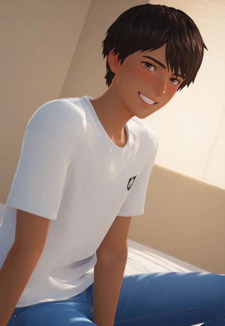 score_9, score_8_up, score_7_up, Masterpiece, Best Quality, beautiful eyes, detailed eyes, male focus, dynamic angle, dim lighting, blush lines, male focus, solo, side view, happy smile, teeth, cowboy shot, sitting,
((male)), white shirt, blue jeans,
Daniel D1az, short hair, dark brown hair, brown eyes, dark skin, 3d, cgi